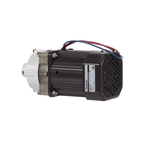 A small black and white electric motor with wires.