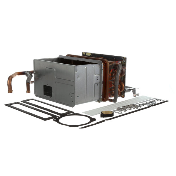 A Rinnai heat exchanger with copper pipes and gaskets.