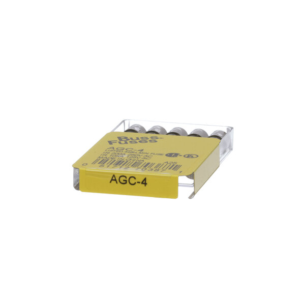 A plastic case containing 5 yellow Gaylord fuses with the word "agg4" on them.