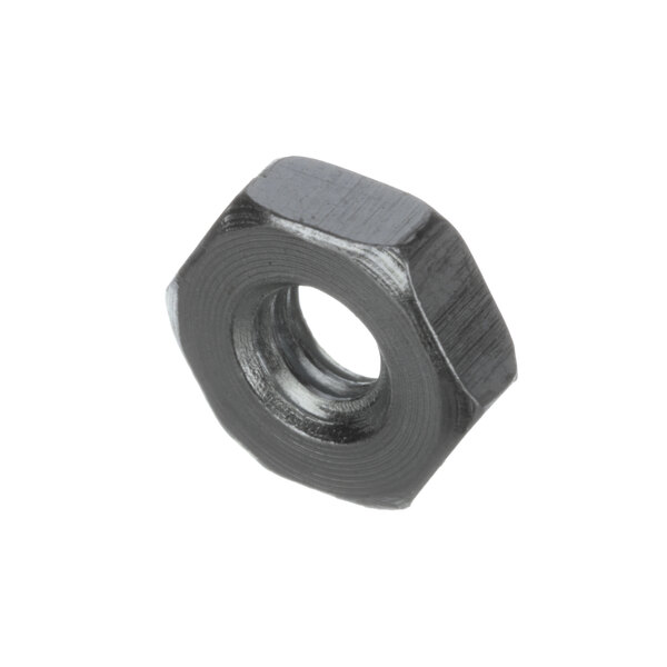 A close-up of a black hex steel nut.
