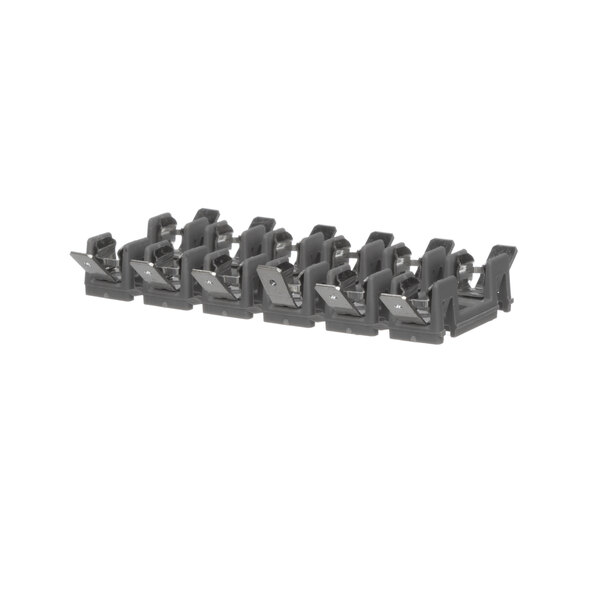 A group of black plastic clips on a white background.