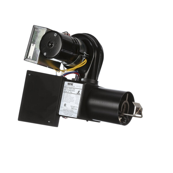 A black electric motor with a metal frame and yellow wires.