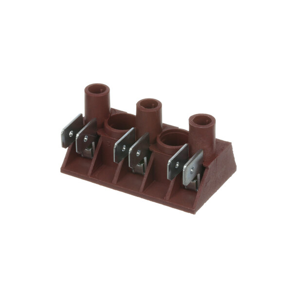 A brown plastic Equipex 3 position terminal block.