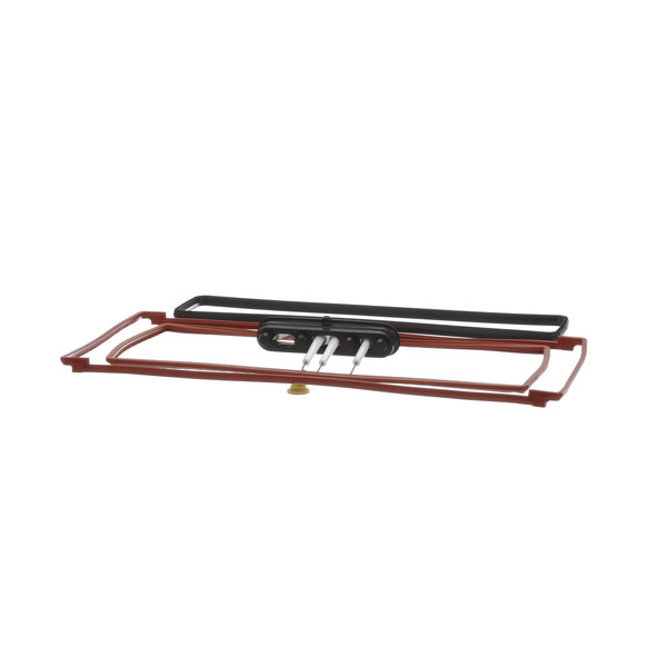 A black and red metal rack with a metal handle.