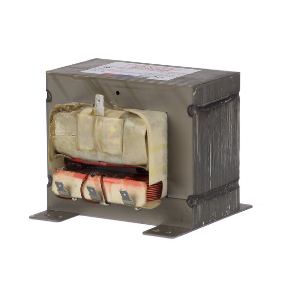 A close-up of an Amana transformer with a small white box on top.