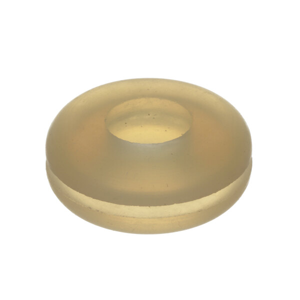 A beige plastic circular grommet with a hole in the middle.