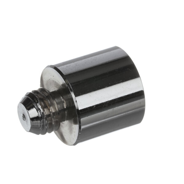 A metal cylinder with a black and silver threaded screw.