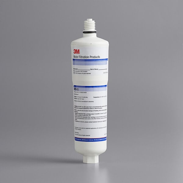 A white plastic bottle with blue and white text reading "3M Water Filtration"