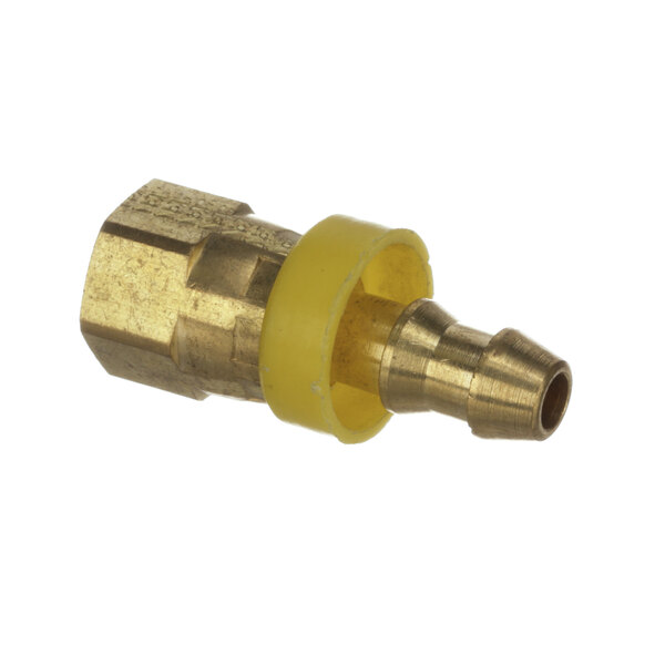 A brass swivel fitting with a yellow rubber cap on the end.