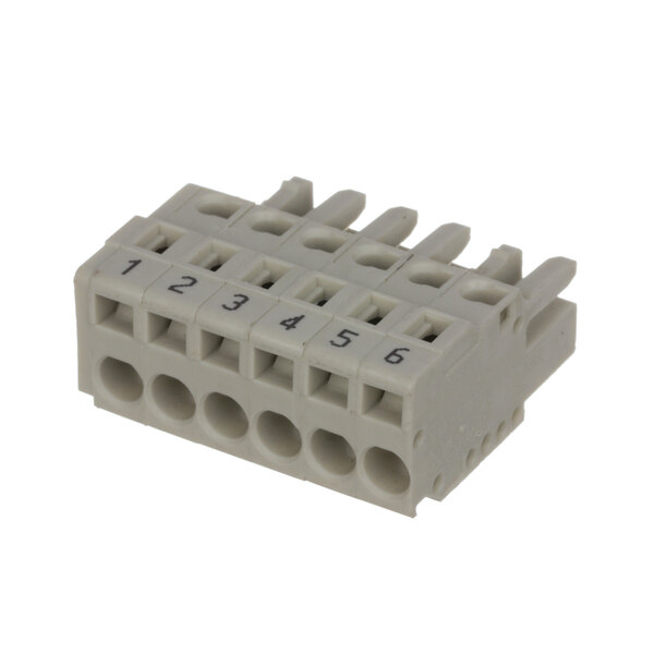 A white BKI 6P female electrical connector with four holes and black numbers.