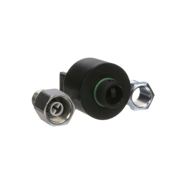 A black and silver Rinnai water heater sensor connector with a black and white hose.