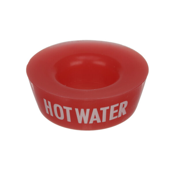 A red silicone bowl with white text.
