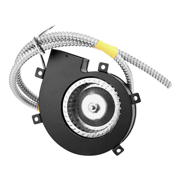 A black and silver electric motor with a yellow wire.