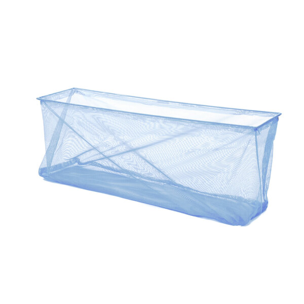 A blue mesh container for lint with a mesh bag on top.