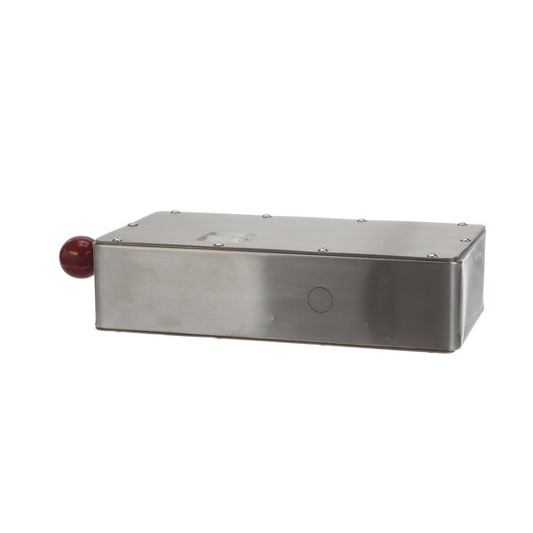 A rectangular stainless steel metal box with a red button on top.