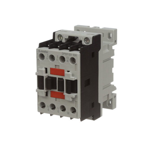 A grey Oliver single phase contactor with black and red covers.