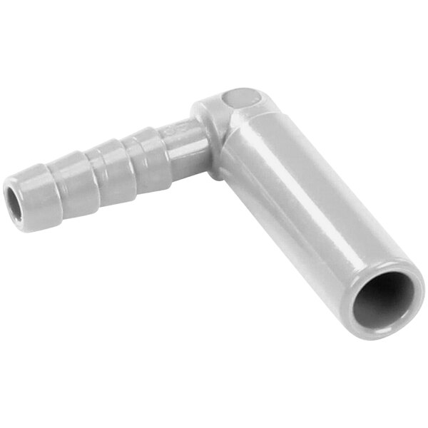 A white plastic pipe with a 90 degree bend and a nozzle on the end.