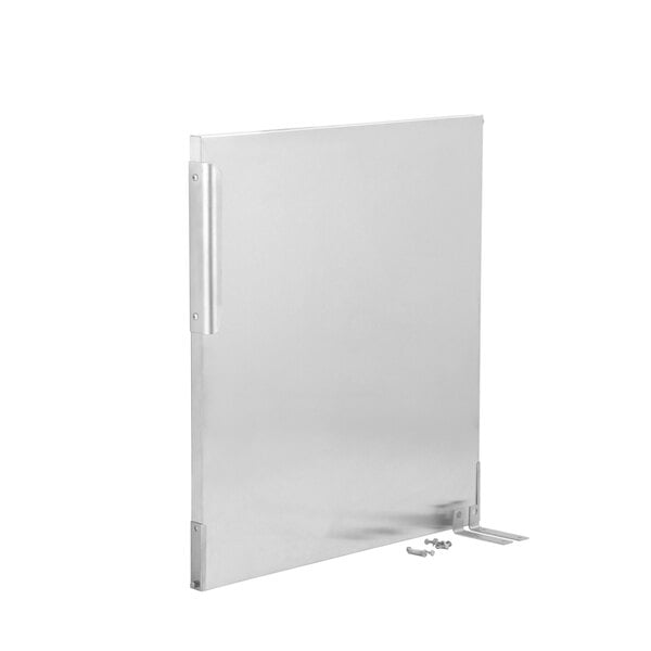 A stainless steel Randell refrigerator door with metal hinges and screws.