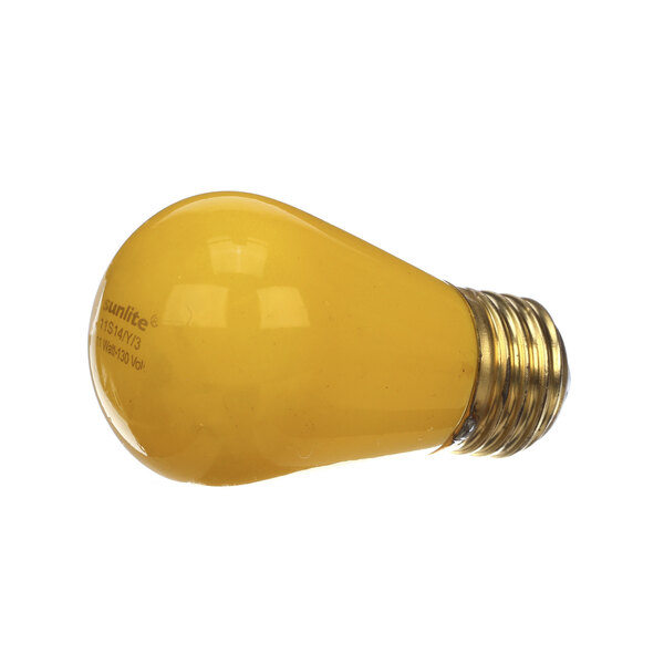 A close-up of a yellow Gold Medal 11035 light bulb on a white background.