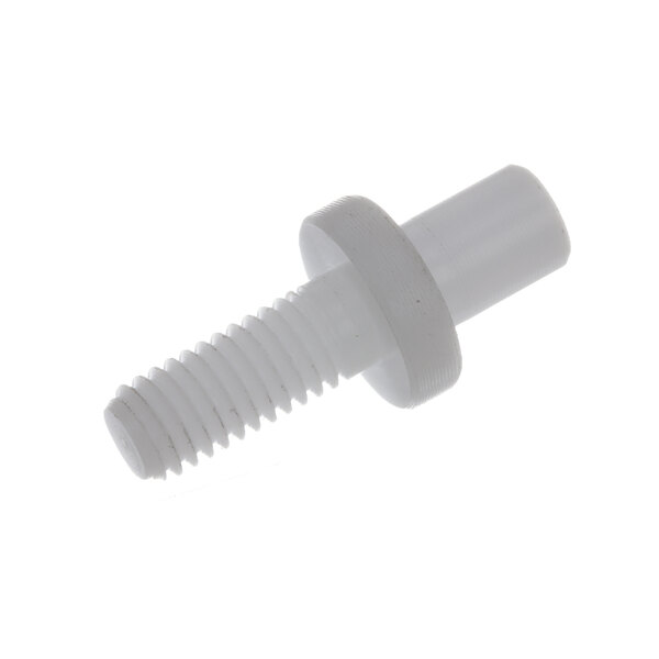 A close-up of a white plastic screw.