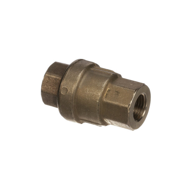 A close-up of a brass Schaerer 1/4" check valve with a nut on the end.