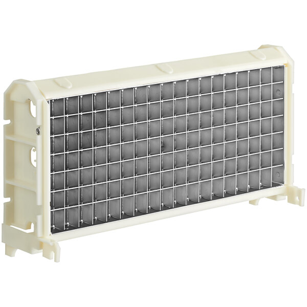 A white and silver rectangular Scotsman ice machine evaporator with black grid.