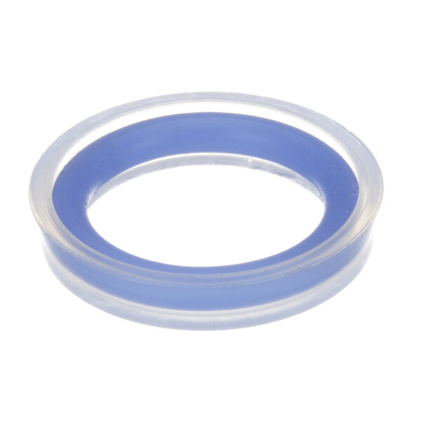 A close-up of a blue rubber ring with a clear rim.