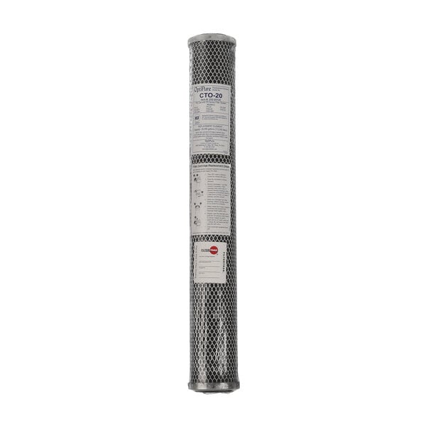 A stainless steel water filter with a black cap and a white label with black and red text.