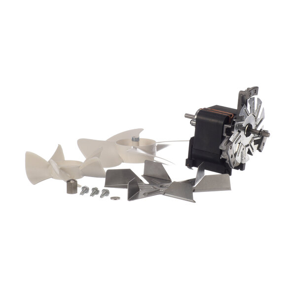A small black and silver motor with a propeller.
