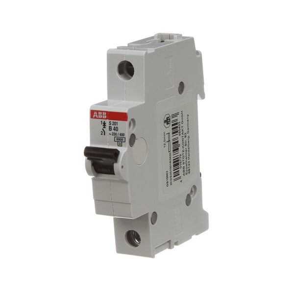 A white Keating circuit breaker with a black and red label.