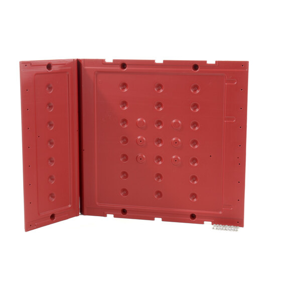 A red rectangular plastic panel with holes.