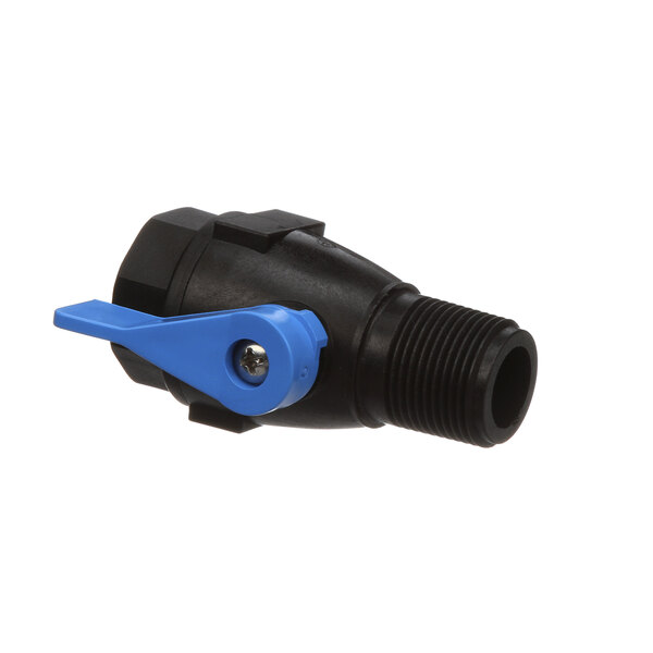 A black and blue plastic pipe fitting with a blue handle.
