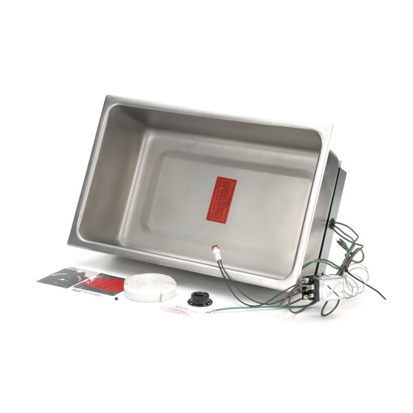 A stainless steel APW Wyott drop-in hot food well with wires and a cover.