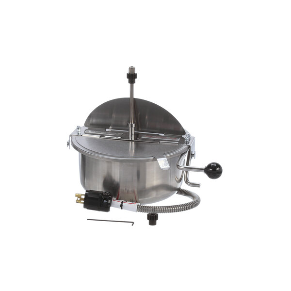 A silver metal kettle assembly with a black handle.