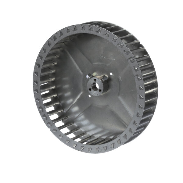 A metal Southbend blower wheel with a metal cover.