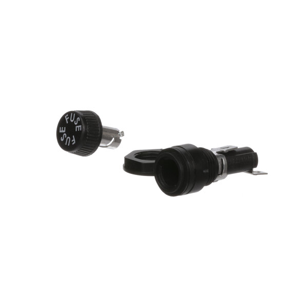 A black and silver Gaylord fuse holder with two black electrical plugs.