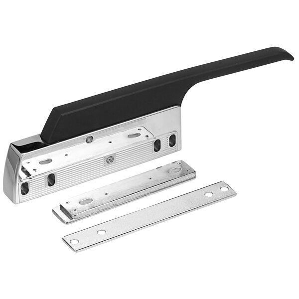 A black Component Hardware handle with metal plates.