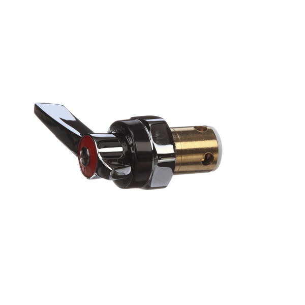 A black and silver metal valve kit with a red handle.