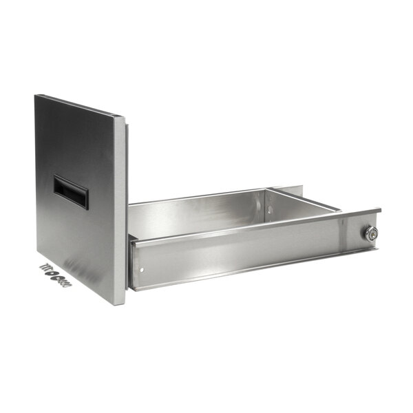 A stainless steel drawer assembly for a Randell refrigerator with a black handle.