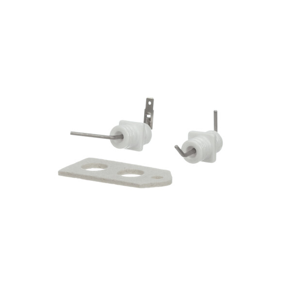 A Rinnai flame rod and electrode kit with two white plastic plugs with holes on a white background.