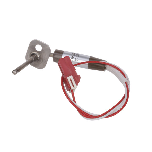 A Rinnai burner thermistor with a red and white wire.