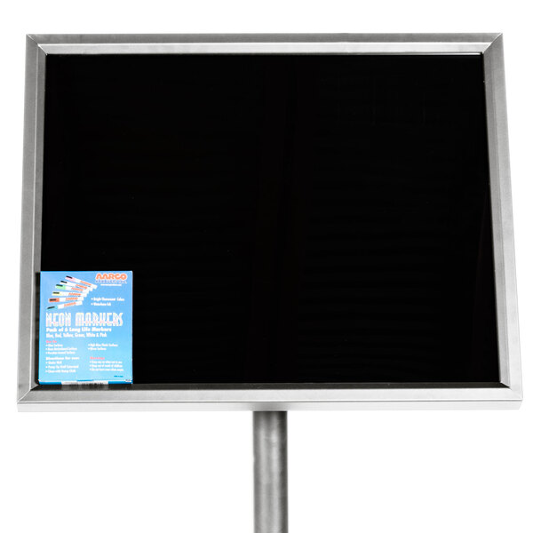 Aarco P7C Single Pedestal Chrome Frame Black Marker Board with Neon