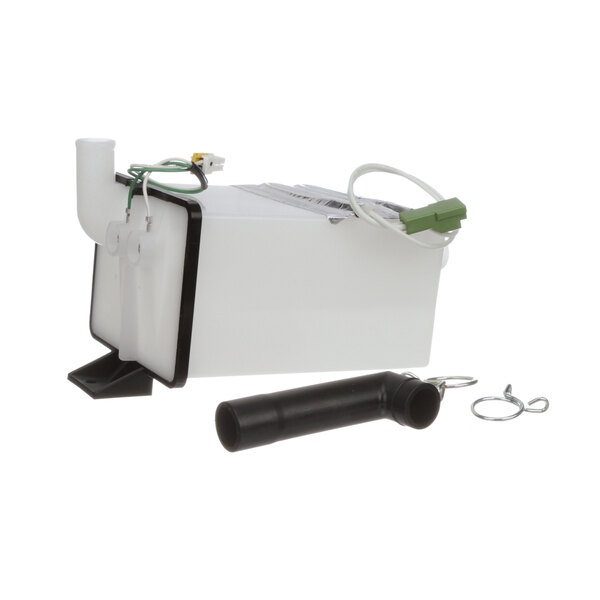 A white rectangular Rinnai condensate trap kit with wires and a pipe.