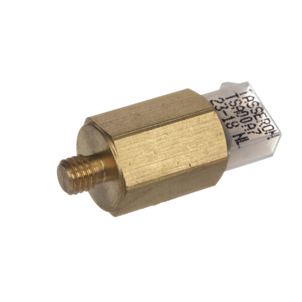 A close-up of a brass and white Rinnai T2 return water temperature sensor.