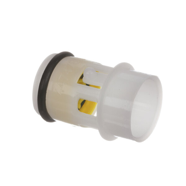 A white plastic Rinnai flow resistor with a yellow cap.