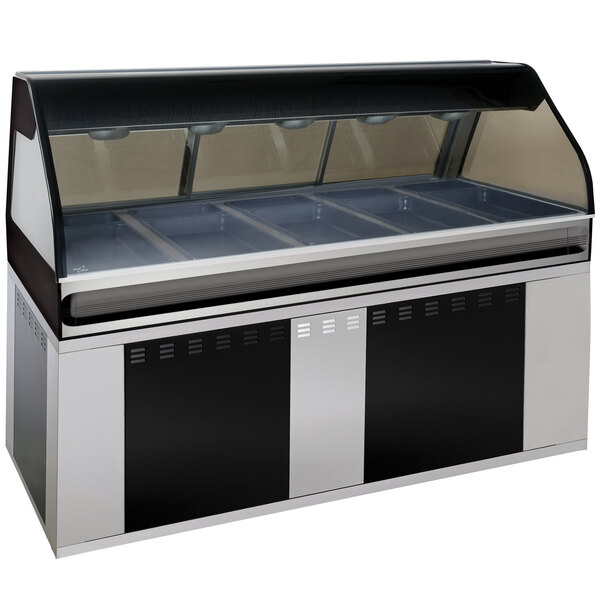 A black Alto-Shaam full service heated display case with curved glass over three trays.