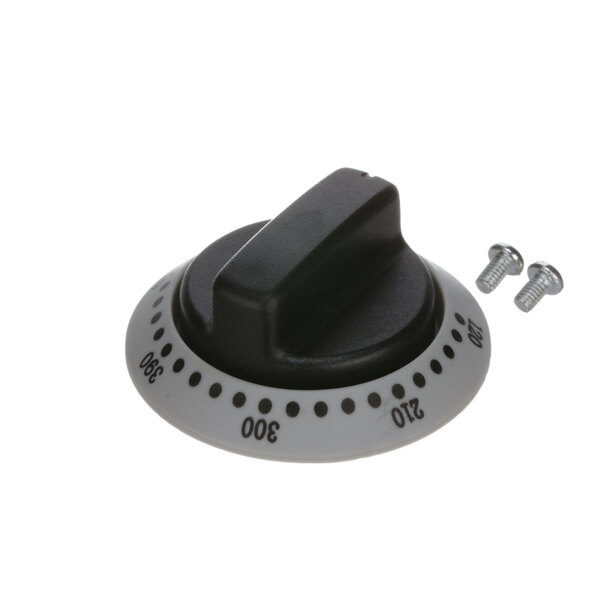 A black and white Adcraft SG-26 knob with screws.