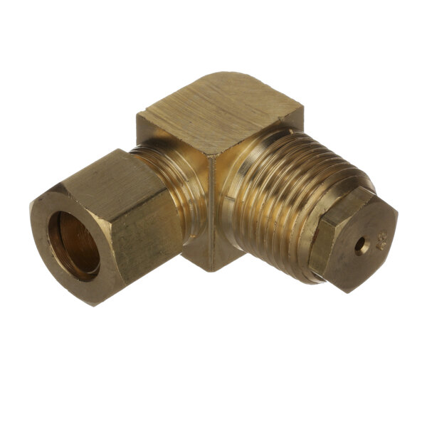 A brass threaded elbow fitting with a gold metal pipe connector.