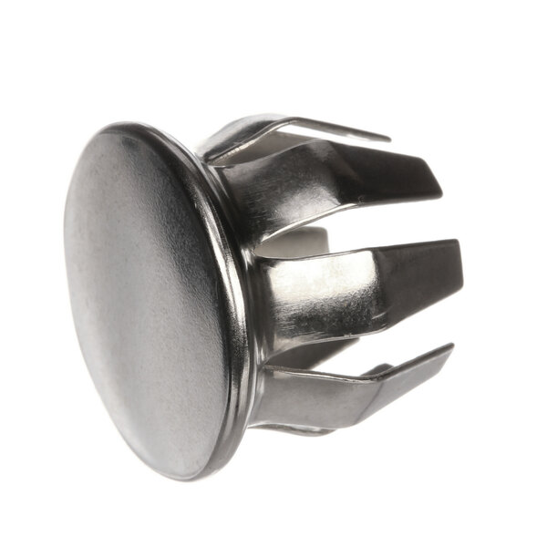 A close up of a silver metal Hobart plug button.