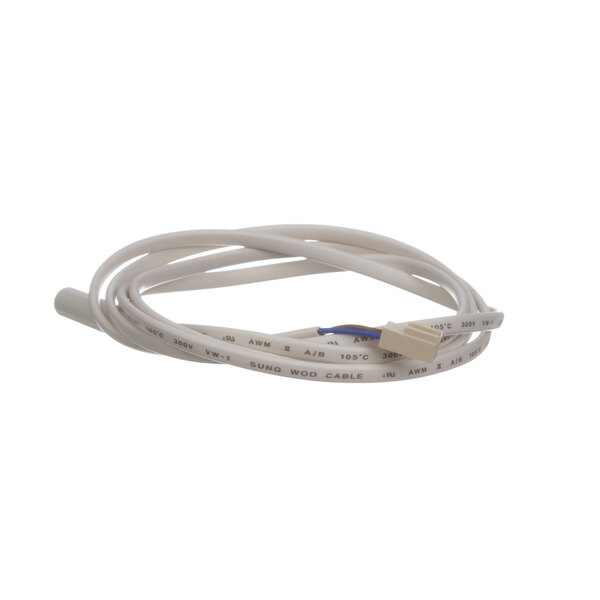 A white cable with a connector and a blue wire.